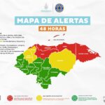 Mapa de alertas de COPECO en Honduras con alertas Roja, Amarilla y Verde por la Tormenta Tropical SARA, 15 de noviembre de 2024.