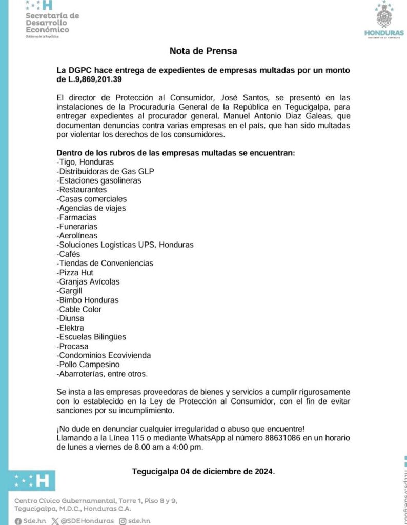 La Dirección de Protección al Consumidor hace entrega de expedientes de empresas multadas por un monto de 9,869,201.39 lempiras.