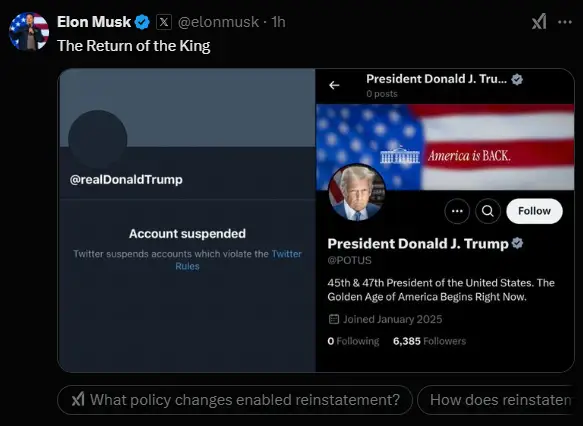 Elon Musk le regresa la cuenta ofocial a Donald Trump