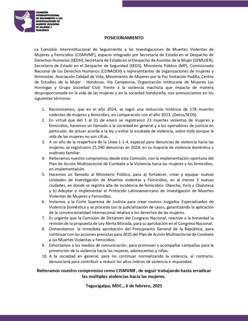 Comunicado oficial del CISMVMF detallando medidas urgentes contra la violencia hacia las mujeres y femicidios en Honduras, emitido el 6 de febrero de 2025.