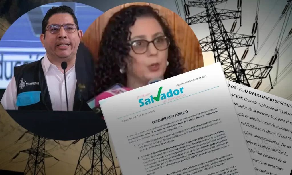 Ministro de Energía Erick Tejada y la diputada Ligia Ramos en el debate sobre contratos de energía en Honduras, con documentos del Partido Salvador de Honduras y la Ley Especial de Energía de fondo