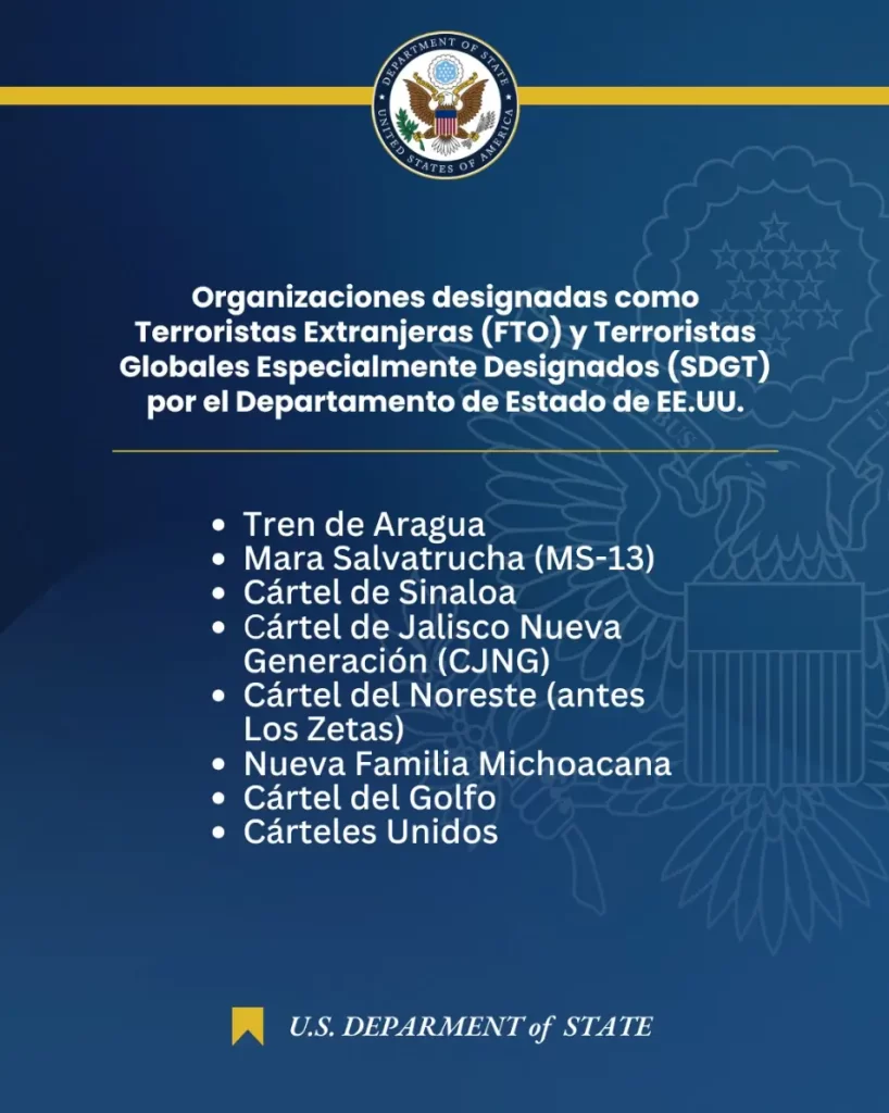 Lista oficial del Departamento de Estado de EE.UU. con los cárteles y organizaciones criminales designadas como terroristas en 2025, incluyendo Tren de Aragua, MS-13 y Cártel de Sinaloa.